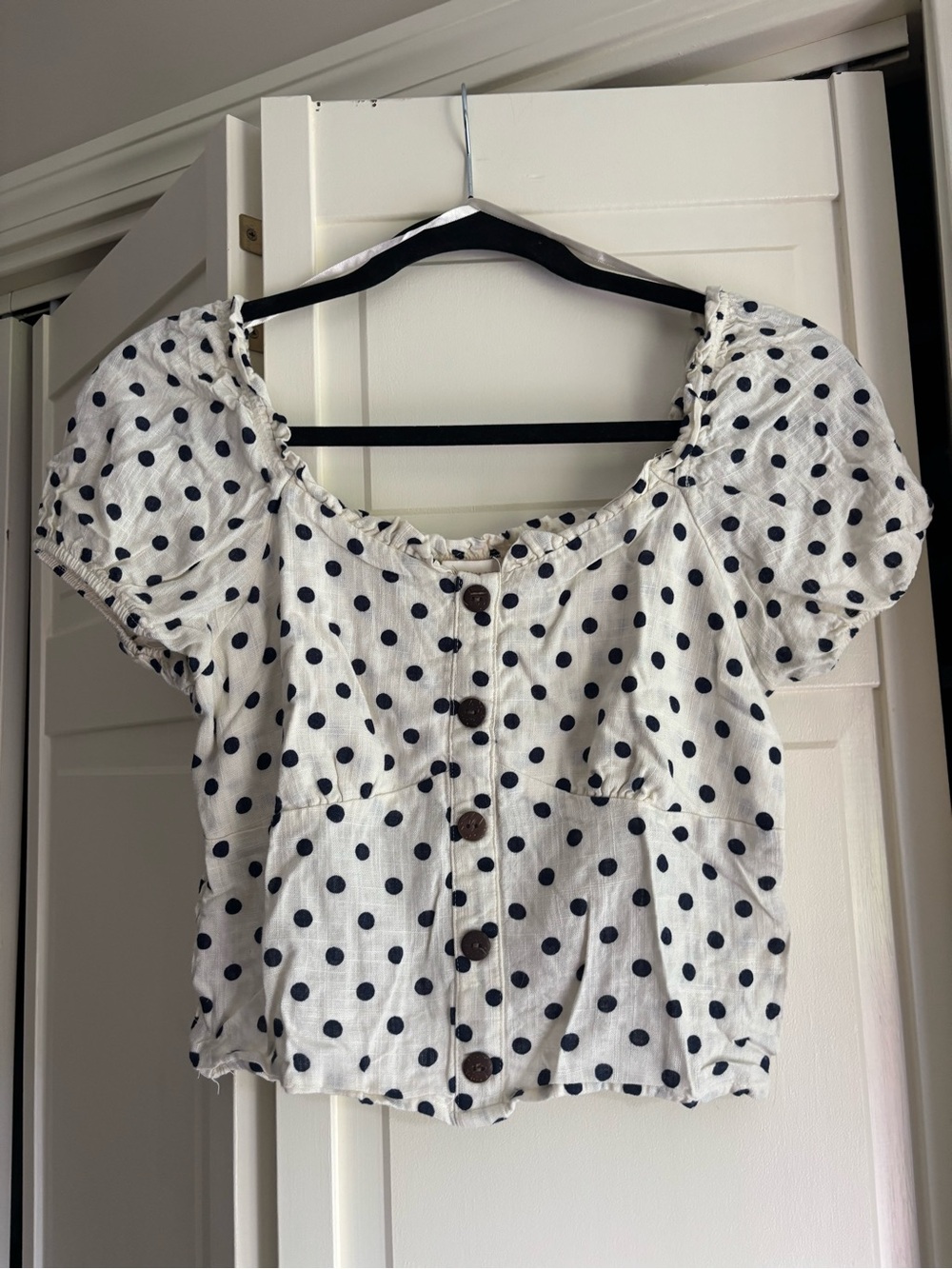 Button-Front Polka Dot Crop Top - White with Black Dots